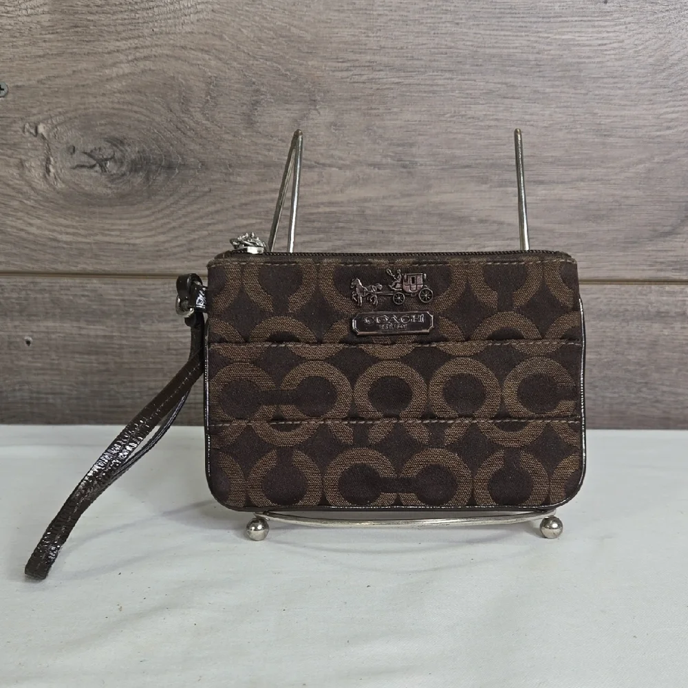 Coach Signature Dark Brown Canvas Wristlet Wallet